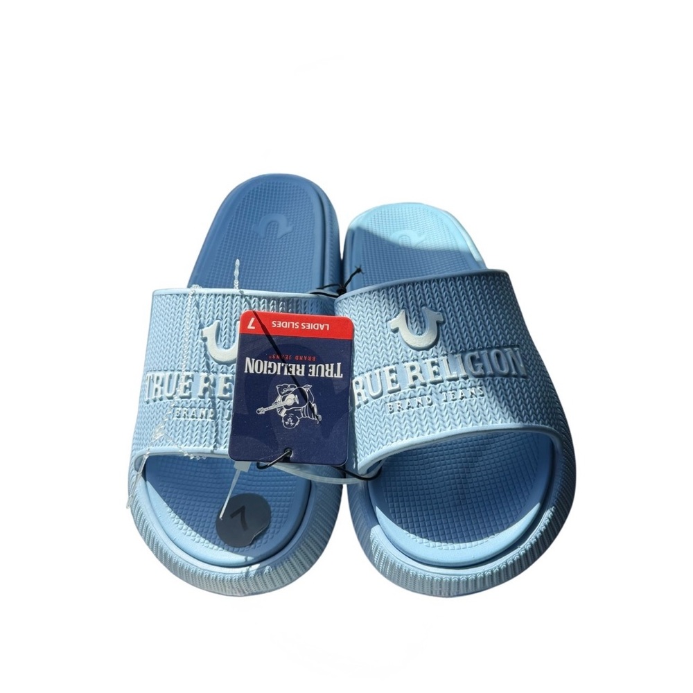 True Religion Blue Slide Sandals Size 7 NWT